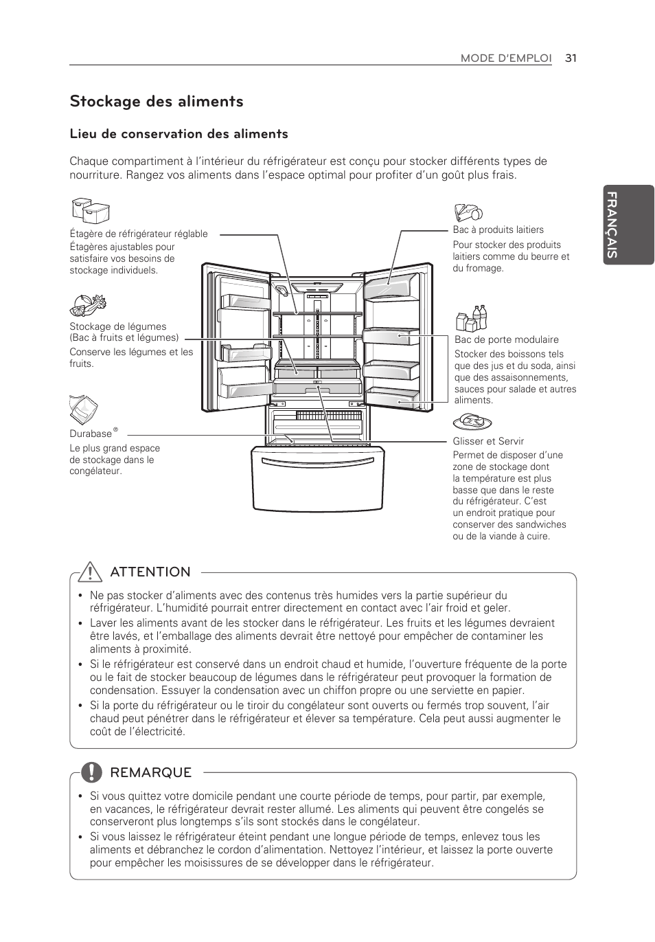 Stockage des aliments, Lieu de conservation des aliments, Attention | Remarque, Français | LG LFX21976ST User Manual | Page 85 / 164