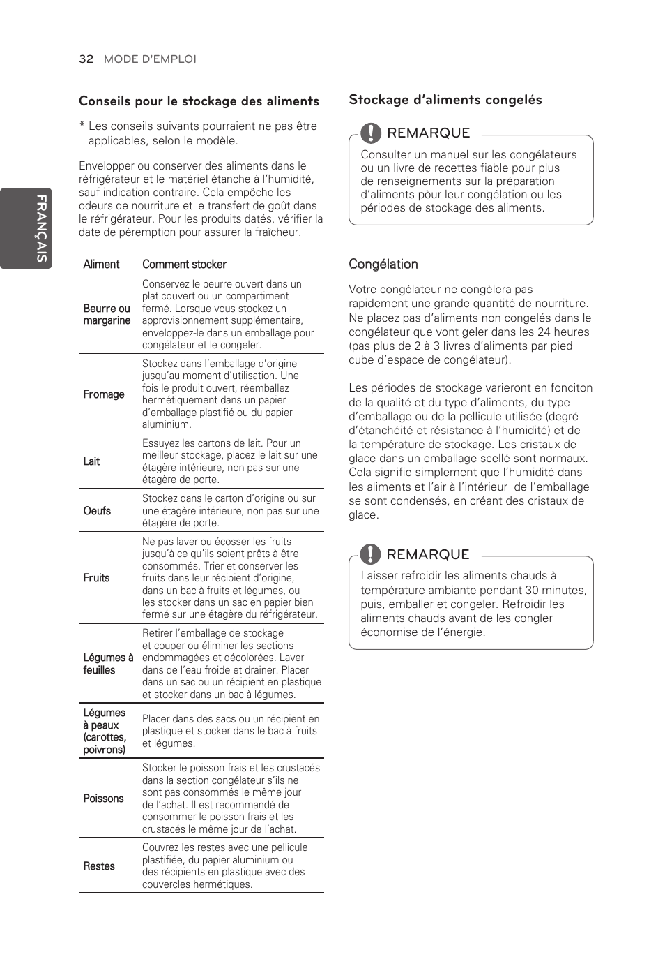 Conseils pour le stockage des aliments, Stockage d’aliments congelés, Remarque | LG LFX21976ST User Manual | Page 86 / 164