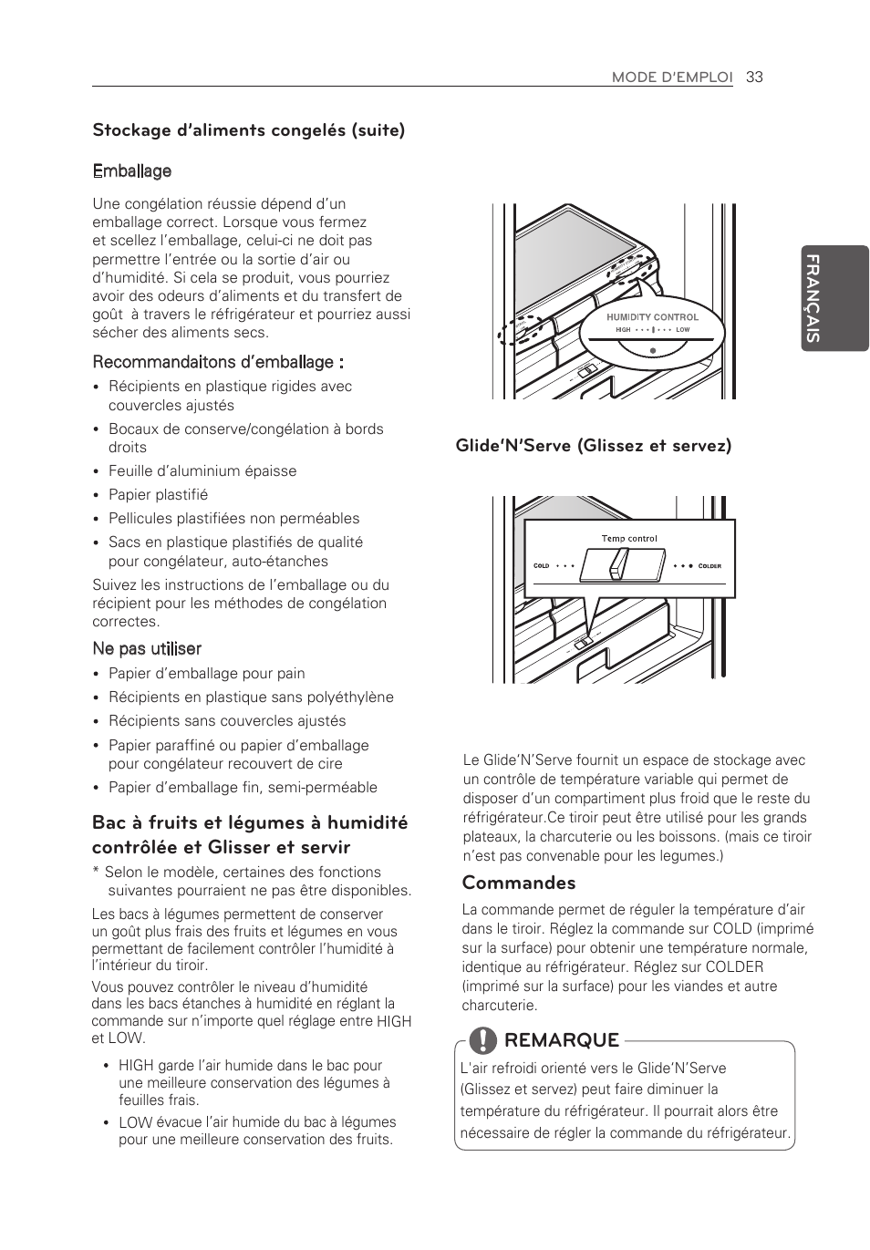 Remarque, Commandes, Stockage d’aliments congelés (suite) | Glide‘n’serve (glissez et servez) | LG LFX21976ST User Manual | Page 87 / 164