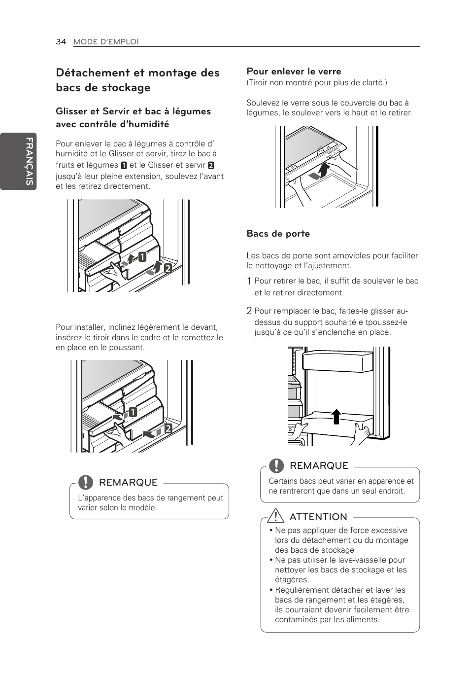 Détachement et montage des bacs de stockage, Pour enlever le verre, Bacs de porte | Remarque, Attention | LG LFX21976ST User Manual | Page 88 / 164