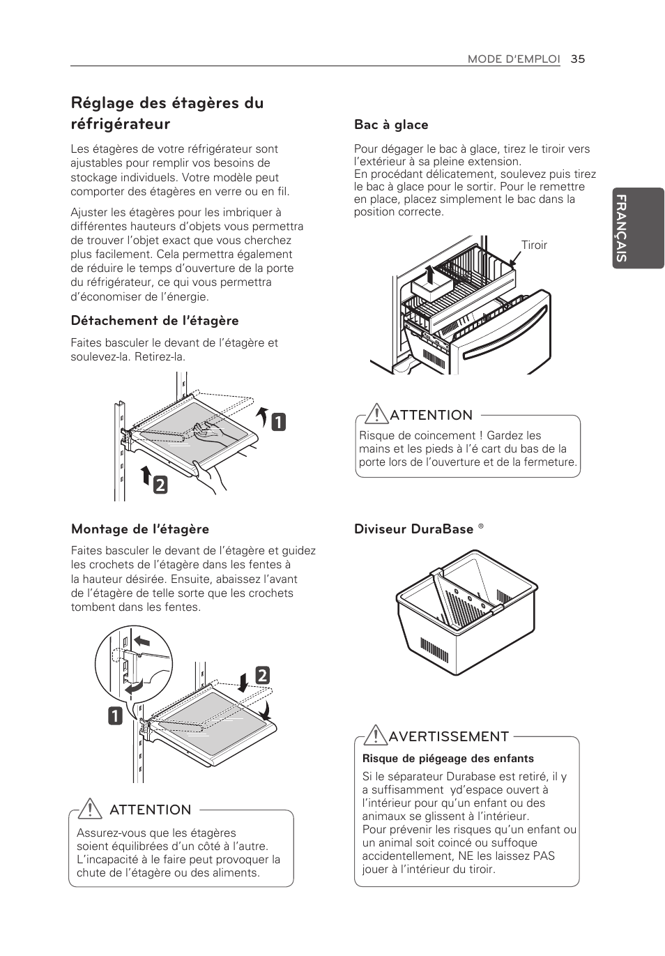 Réglage des étagères du réfrigérateur, Détachement de l’étagère, Montage de l’étagère | Attention, Bac à glace diviseur durabase, Avertissement | LG LFX21976ST User Manual | Page 89 / 164