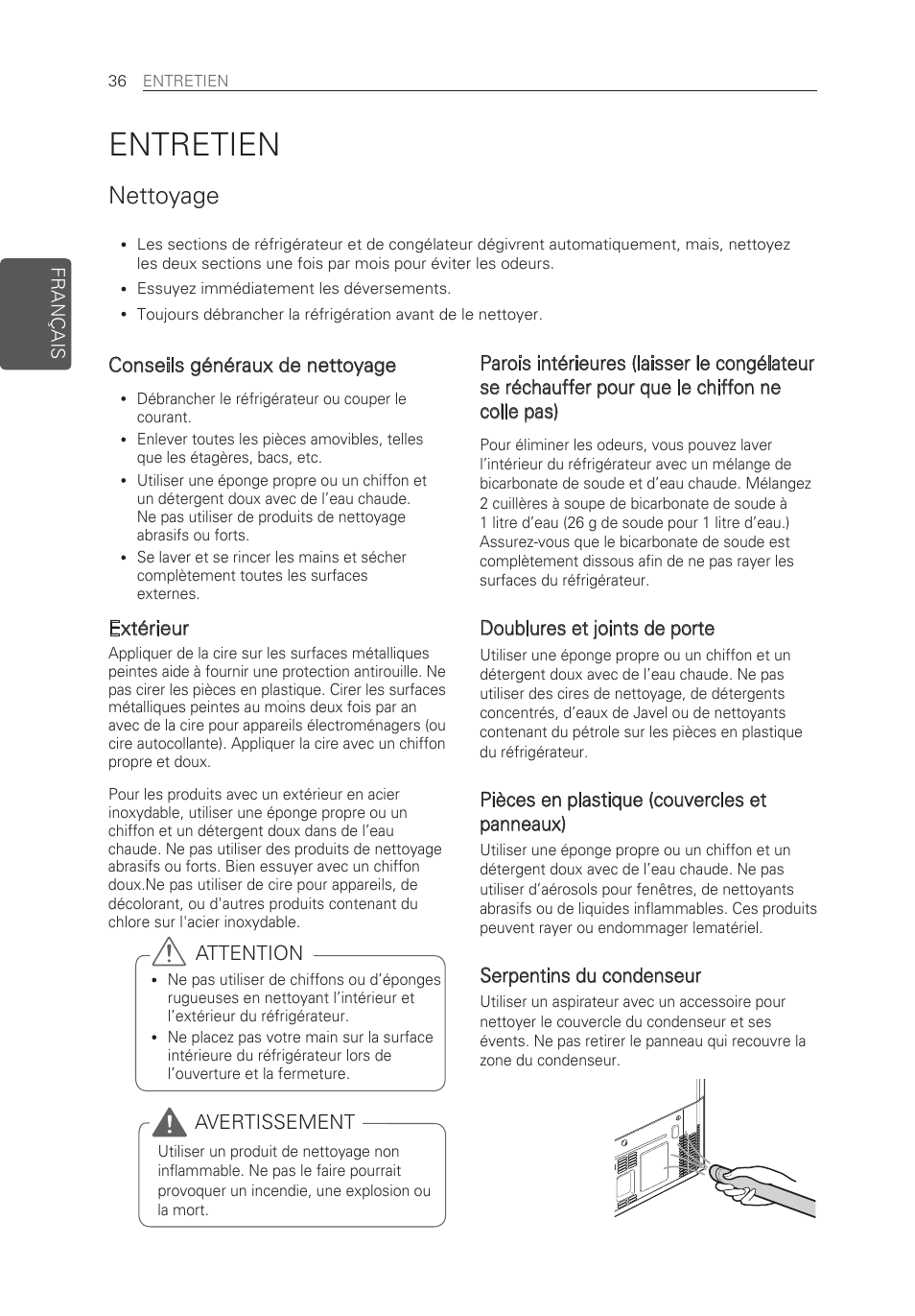 Entretien, Nettoyage, Conseils généraux de nettoyage | Extérieur, Doublures et joints de porte, Pièces en plastique (couvercles et panneaux), Serpentins du condenseur, Attention, Avertissement | LG LFX21976ST User Manual | Page 90 / 164