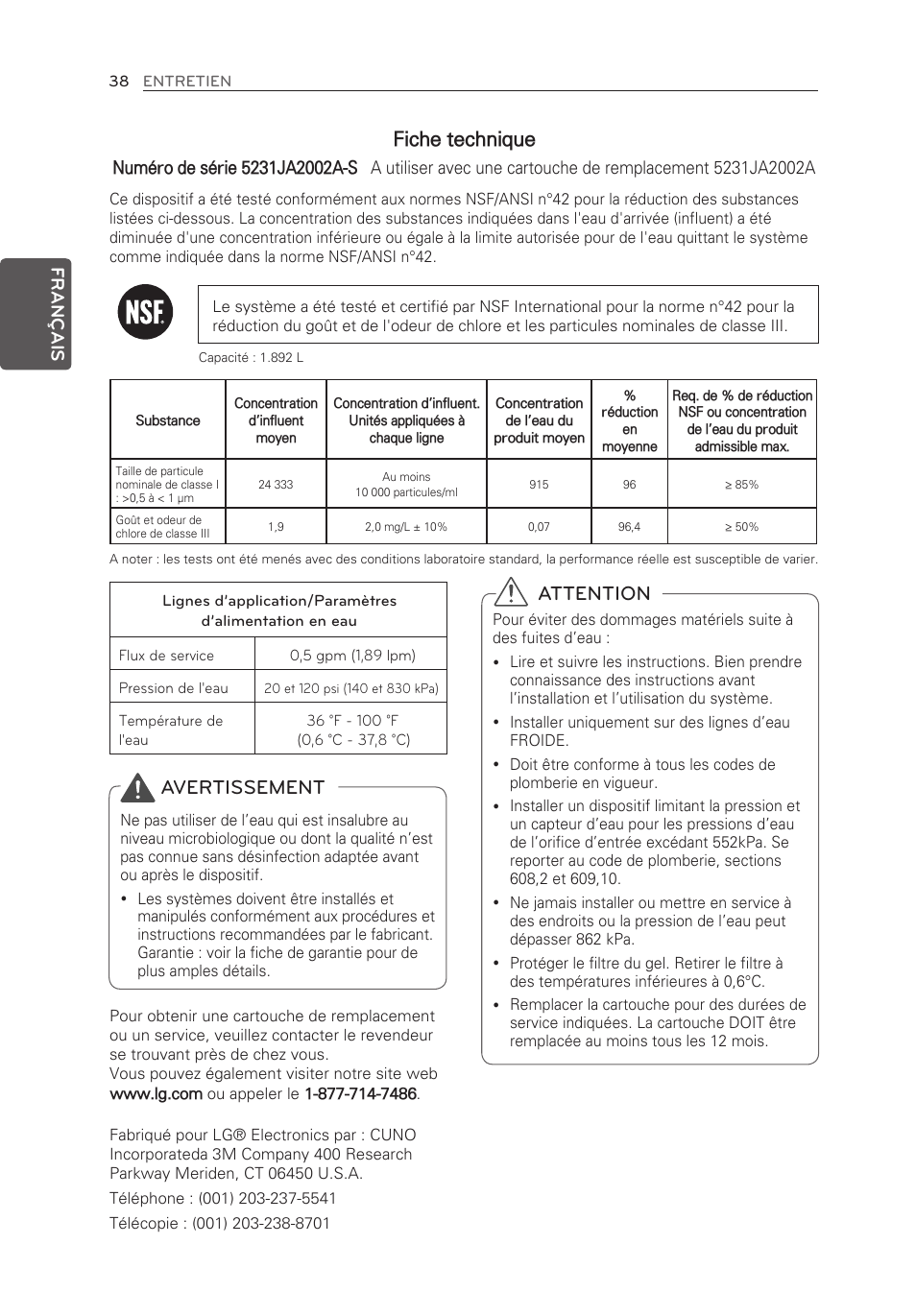 Fiche technique, Attention, Avertissement | Français | LG LFX21976ST User Manual | Page 92 / 164