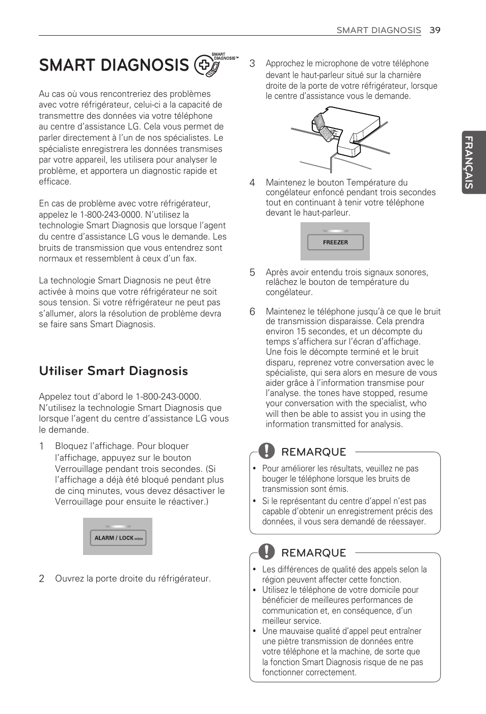 Smart diagnosis, Utiliser smart diagnosis, Remarque | LG LFX21976ST User Manual | Page 93 / 164