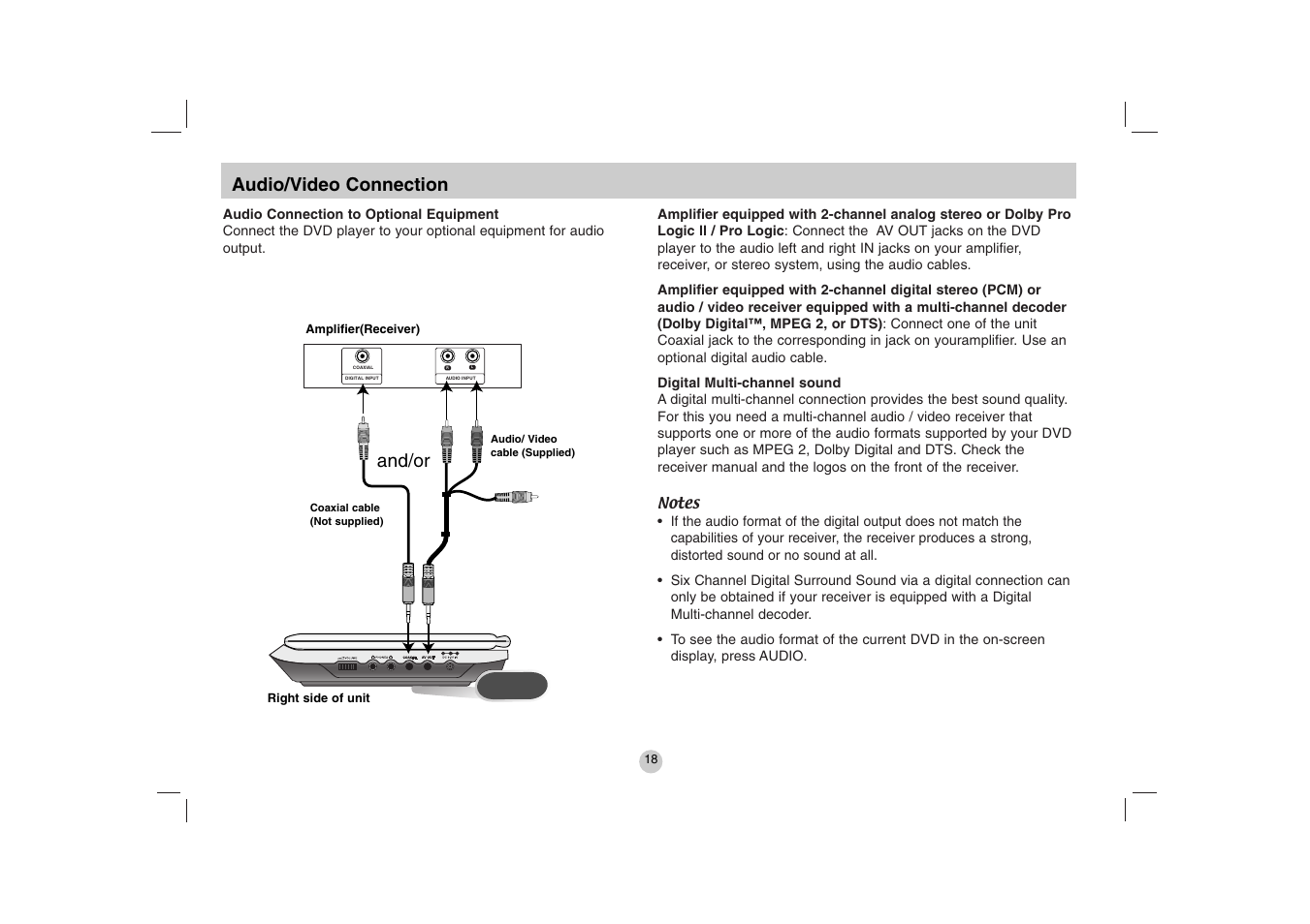Audio/video connection, And/or | LG DVP615 User Manual | Page 18 / 40