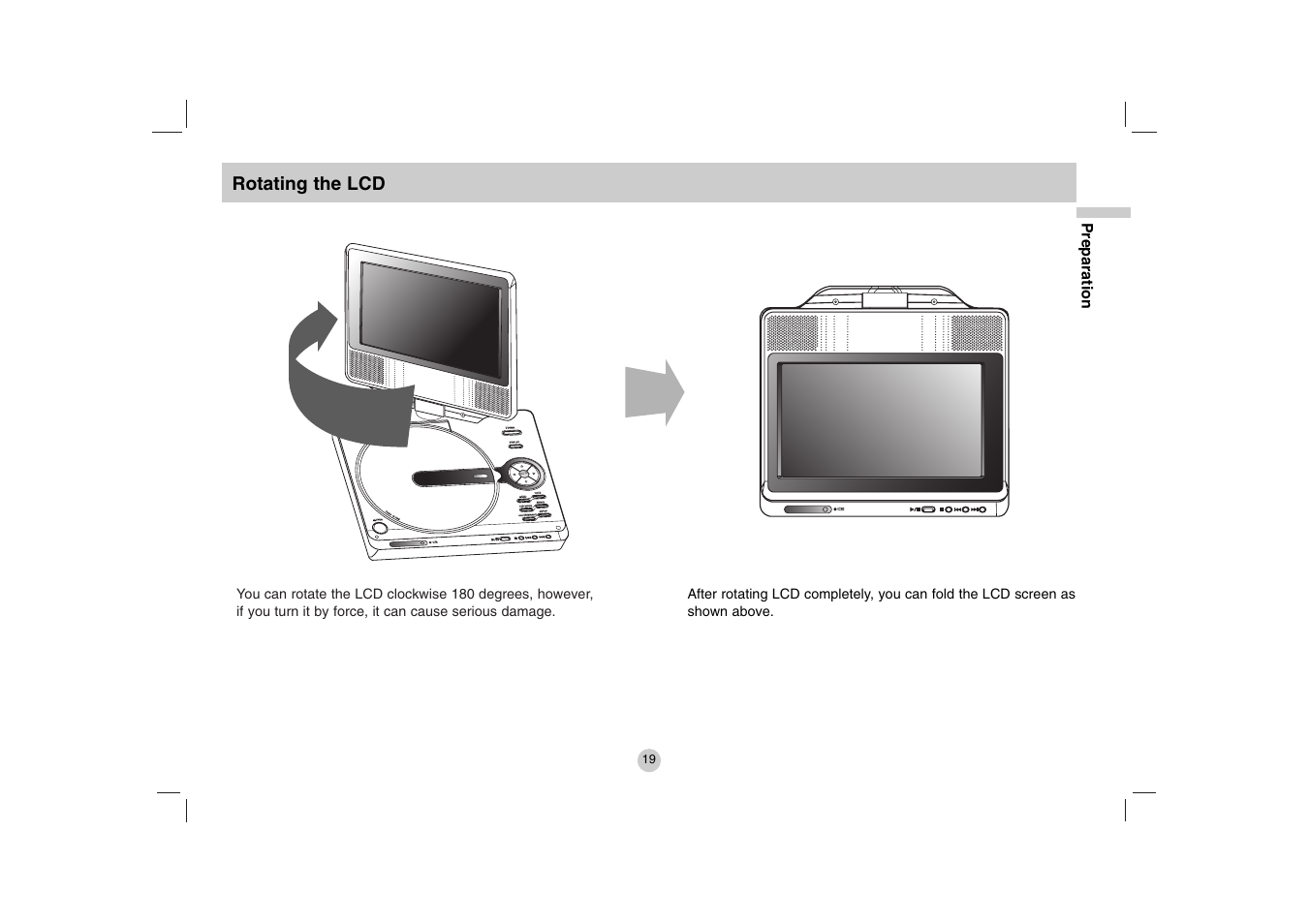 Menu, Rotating the lcd | LG DVP615 User Manual | Page 19 / 40