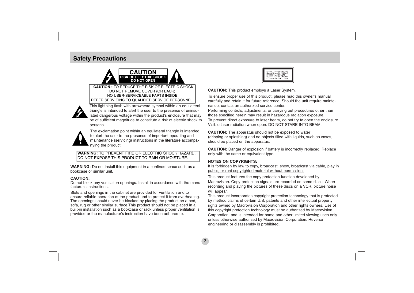 Safety precautions, Caution | LG DVP615 User Manual | Page 2 / 40