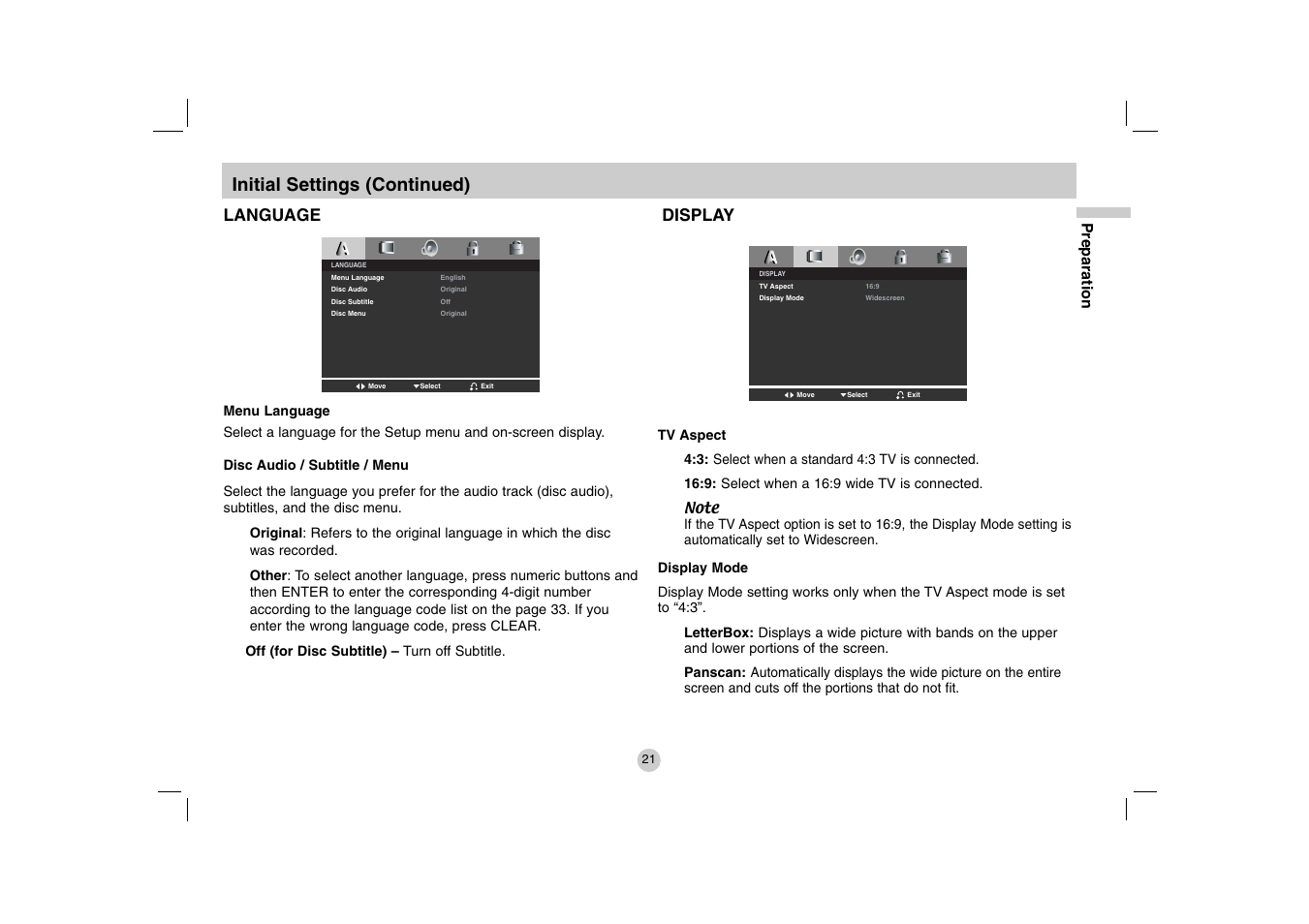 Initial settings (continued), Language, Display | LG DVP615 User Manual | Page 21 / 40