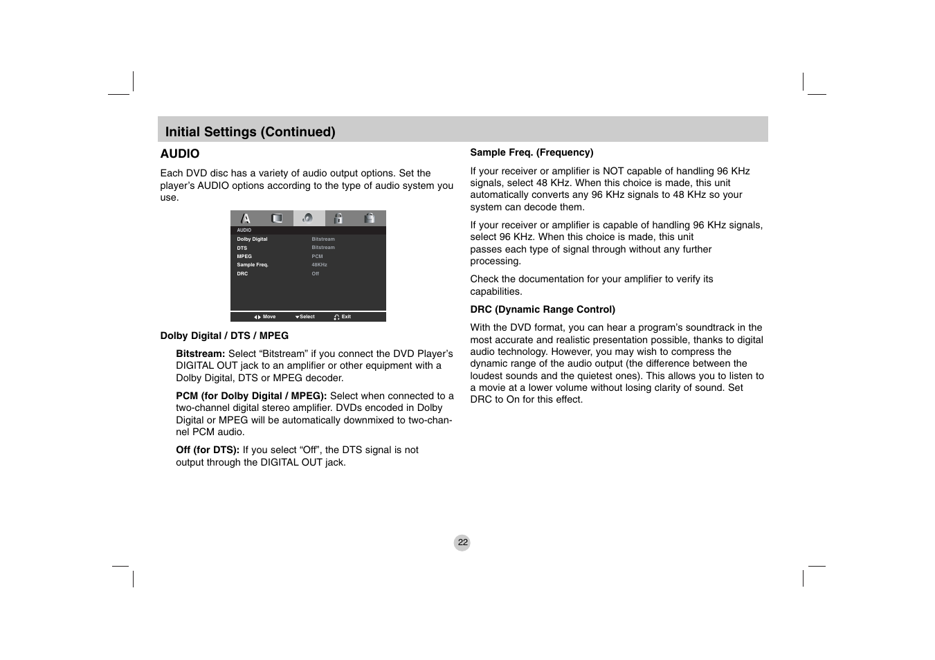 Initial settings (continued), Audio | LG DVP615 User Manual | Page 22 / 40