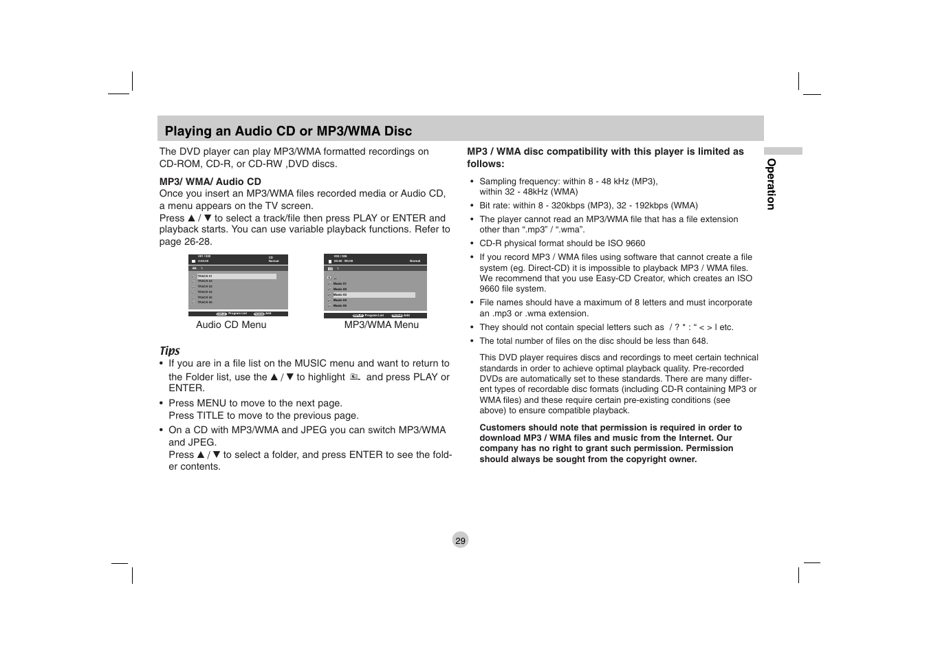 Playing an audio cd or mp3/wma disc, Operation | LG DVP615 User Manual | Page 29 / 40