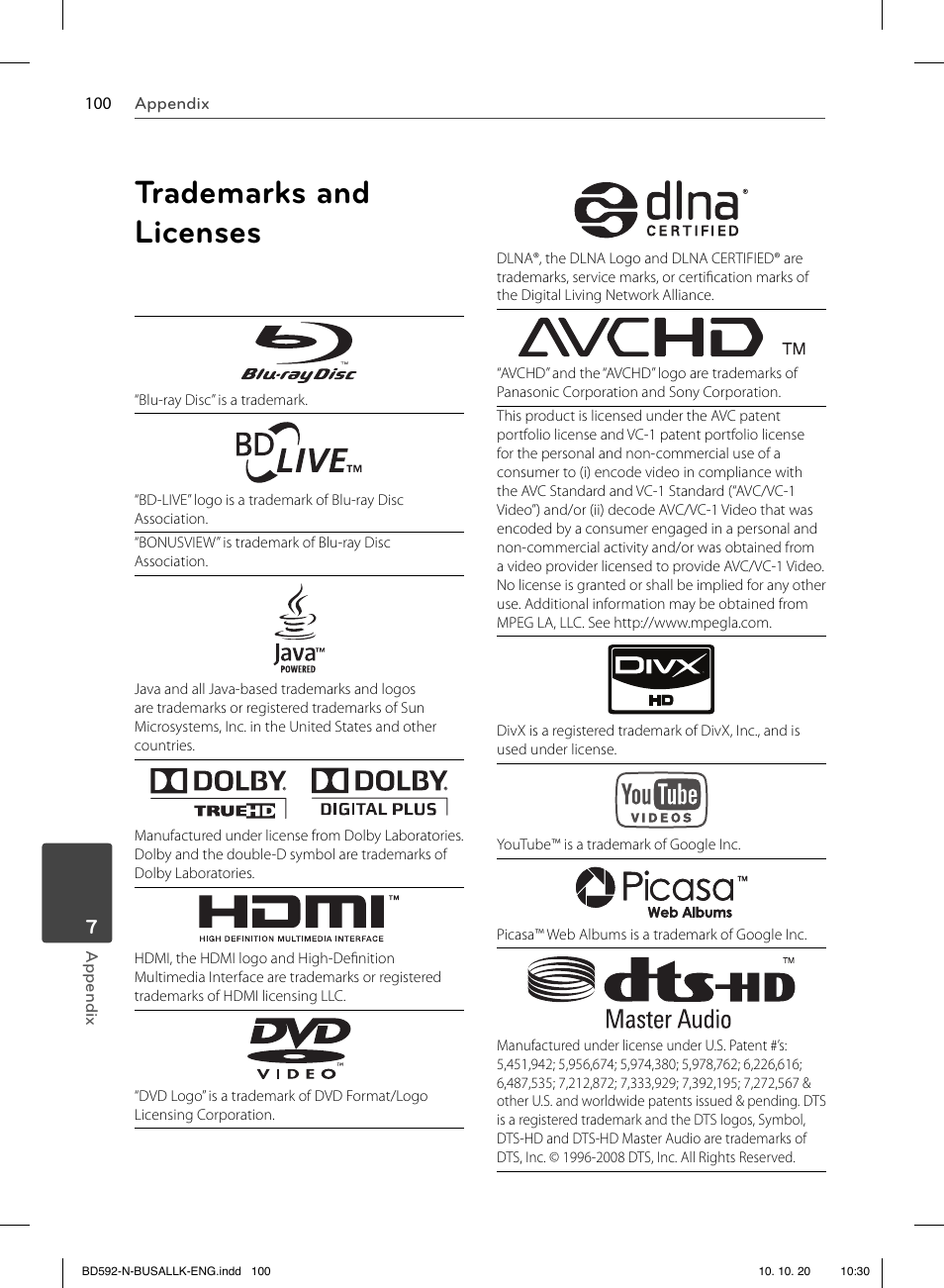 Trademarks and licenses | LG BD590 User Manual | Page 100 / 112