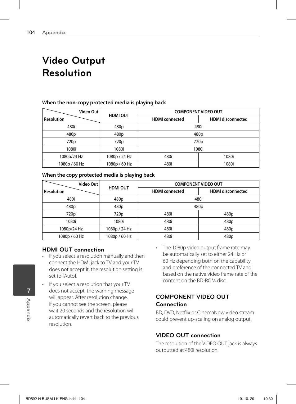 Video output resolution, Hdmi out connection, Component video out connection | Video out connection | LG BD590 User Manual | Page 104 / 112