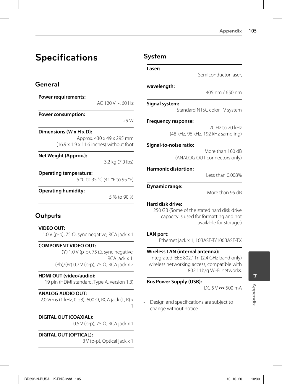 Speciﬁ cations, General, Outputs | System | LG BD590 User Manual | Page 105 / 112