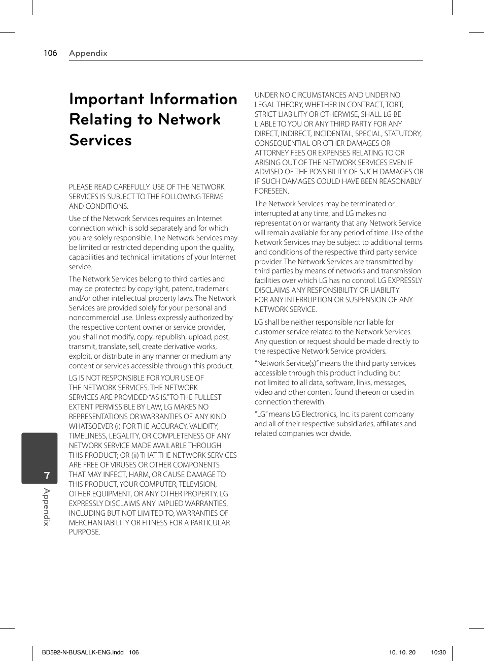Important information relating to network services | LG BD590 User Manual | Page 106 / 112