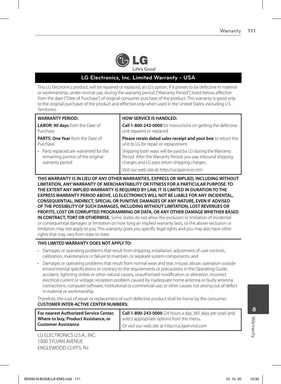 Lg electronics, inc. limited warranty - usa | LG BD590 User Manual | Page 111 / 112