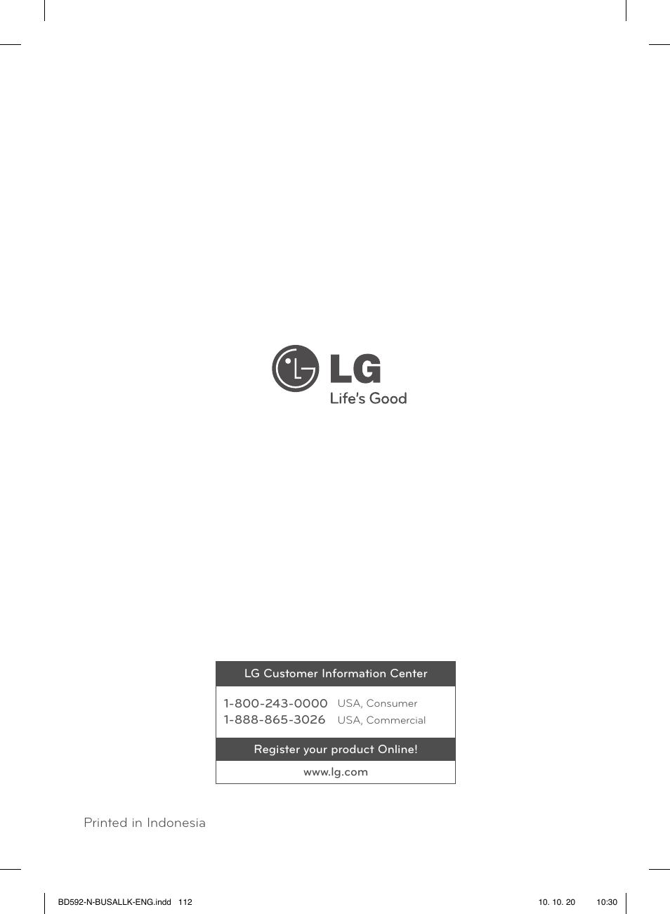 Printed in indonesia | LG BD590 User Manual | Page 112 / 112
