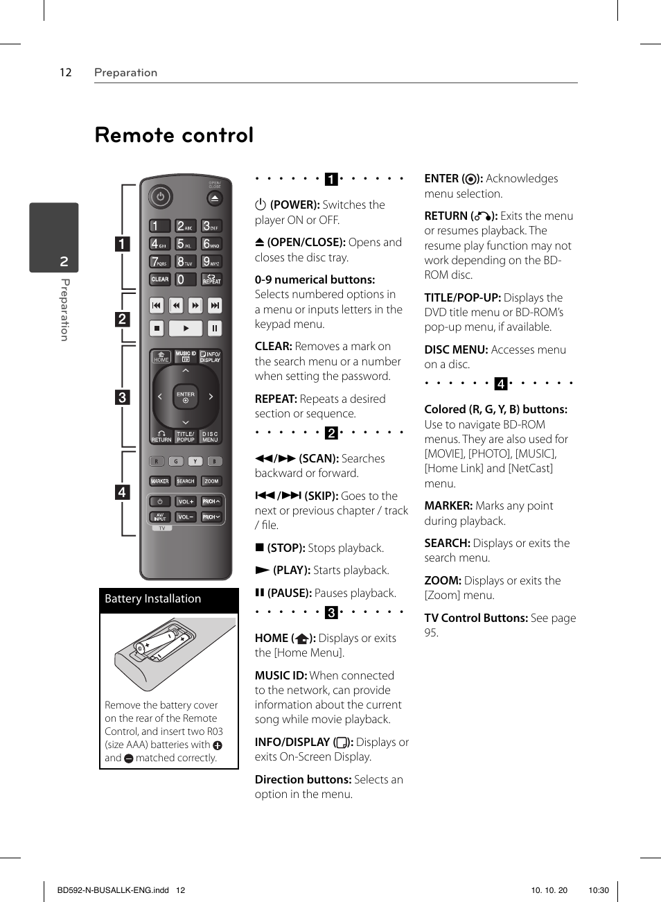 Remote control | LG BD590 User Manual | Page 12 / 112