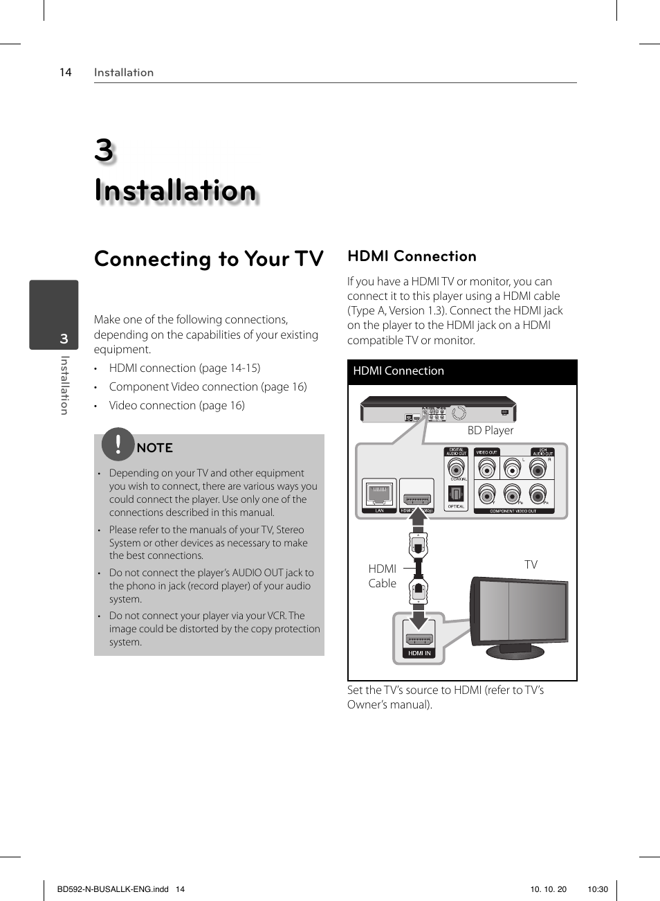 3 installation, Connecting to your tv, Hdmi connection | LG BD590 User Manual | Page 14 / 112