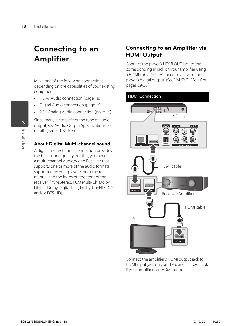 Connecting to an ampliﬁ er, Connecting to an ampliﬁ er via hdmi output | LG BD590 User Manual | Page 18 / 112