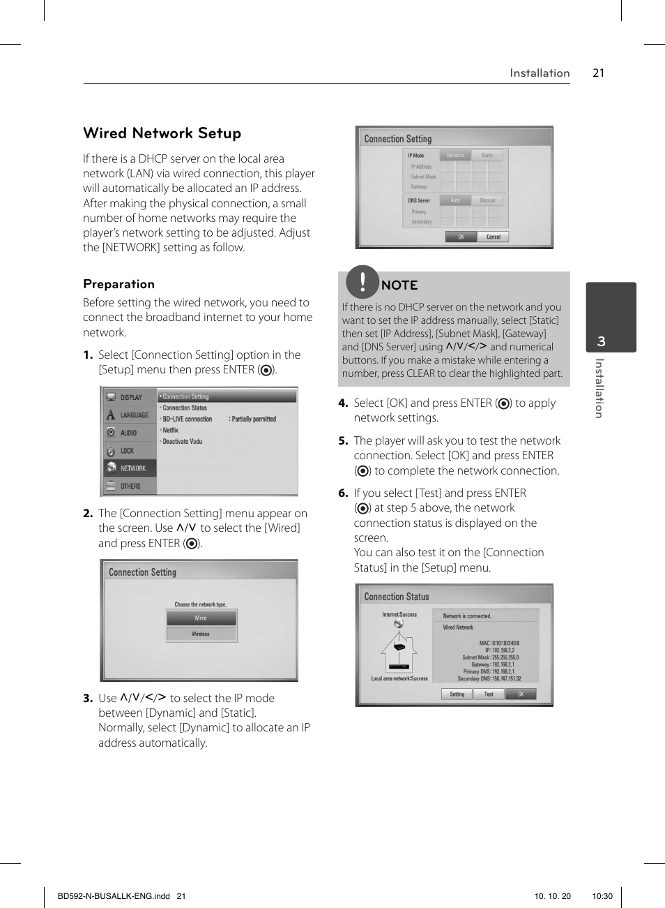 Wired network setup | LG BD590 User Manual | Page 21 / 112