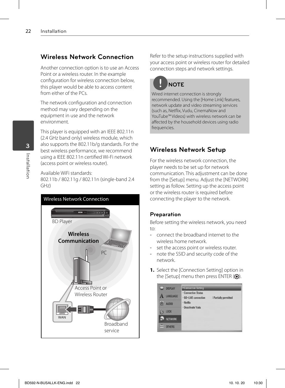 Wireless network connection, Wireless network setup | LG BD590 User Manual | Page 22 / 112