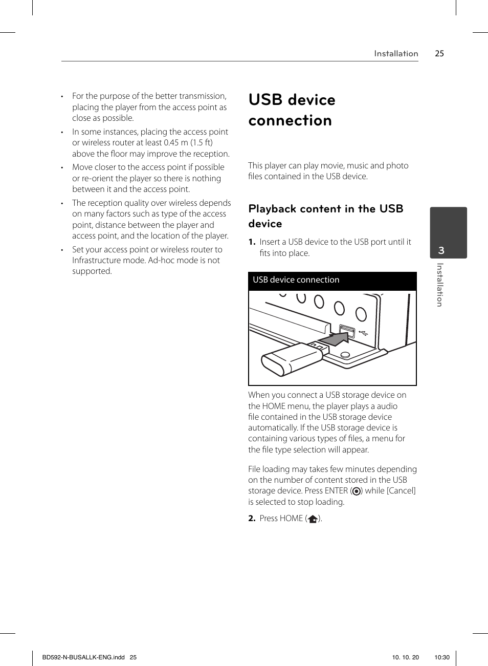 Usb device connection, Playback content in the usb device | LG BD590 User Manual | Page 25 / 112