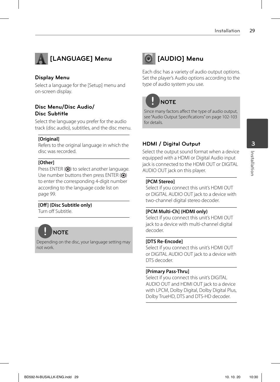 Language] menu, Audio] menu | LG BD590 User Manual | Page 29 / 112