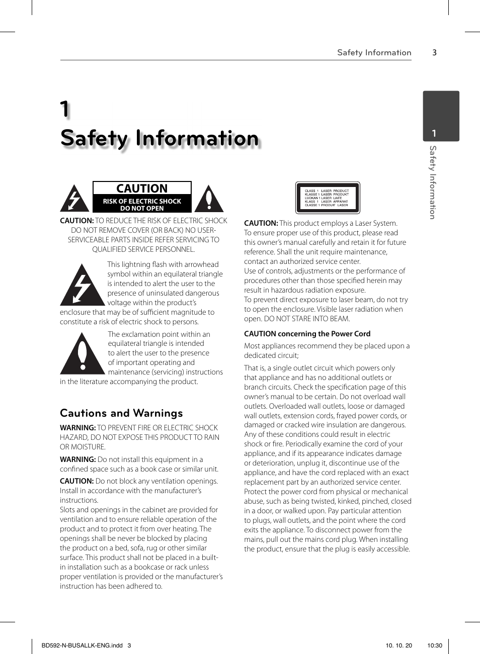 1 safety information, Caution, Cautions and warnings | LG BD590 User Manual | Page 3 / 112