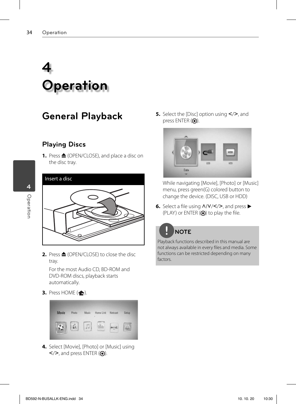 4 operation, General playback, Playing discs | LG BD590 User Manual | Page 34 / 112