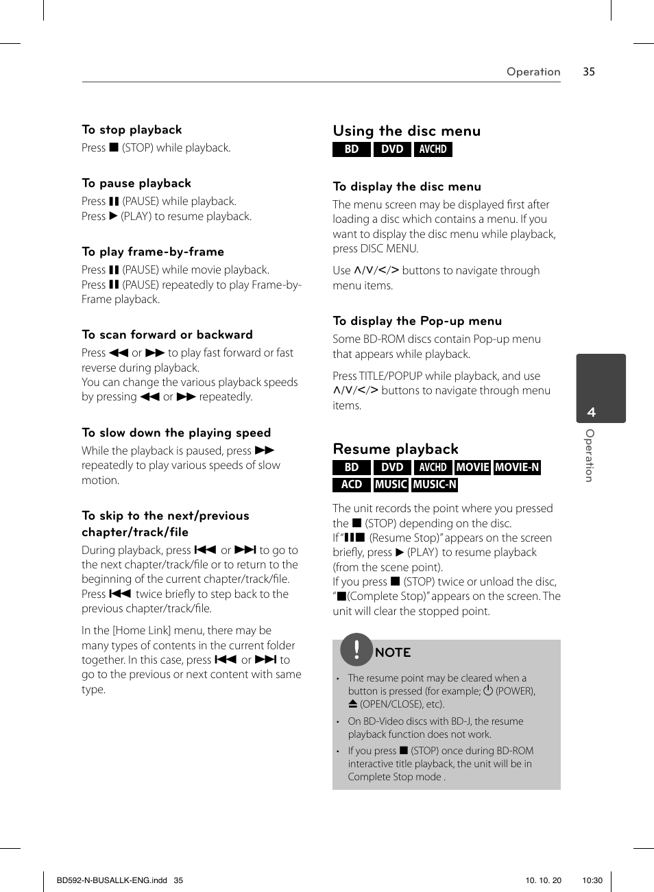 Using the disc menu, Resume playback | LG BD590 User Manual | Page 35 / 112
