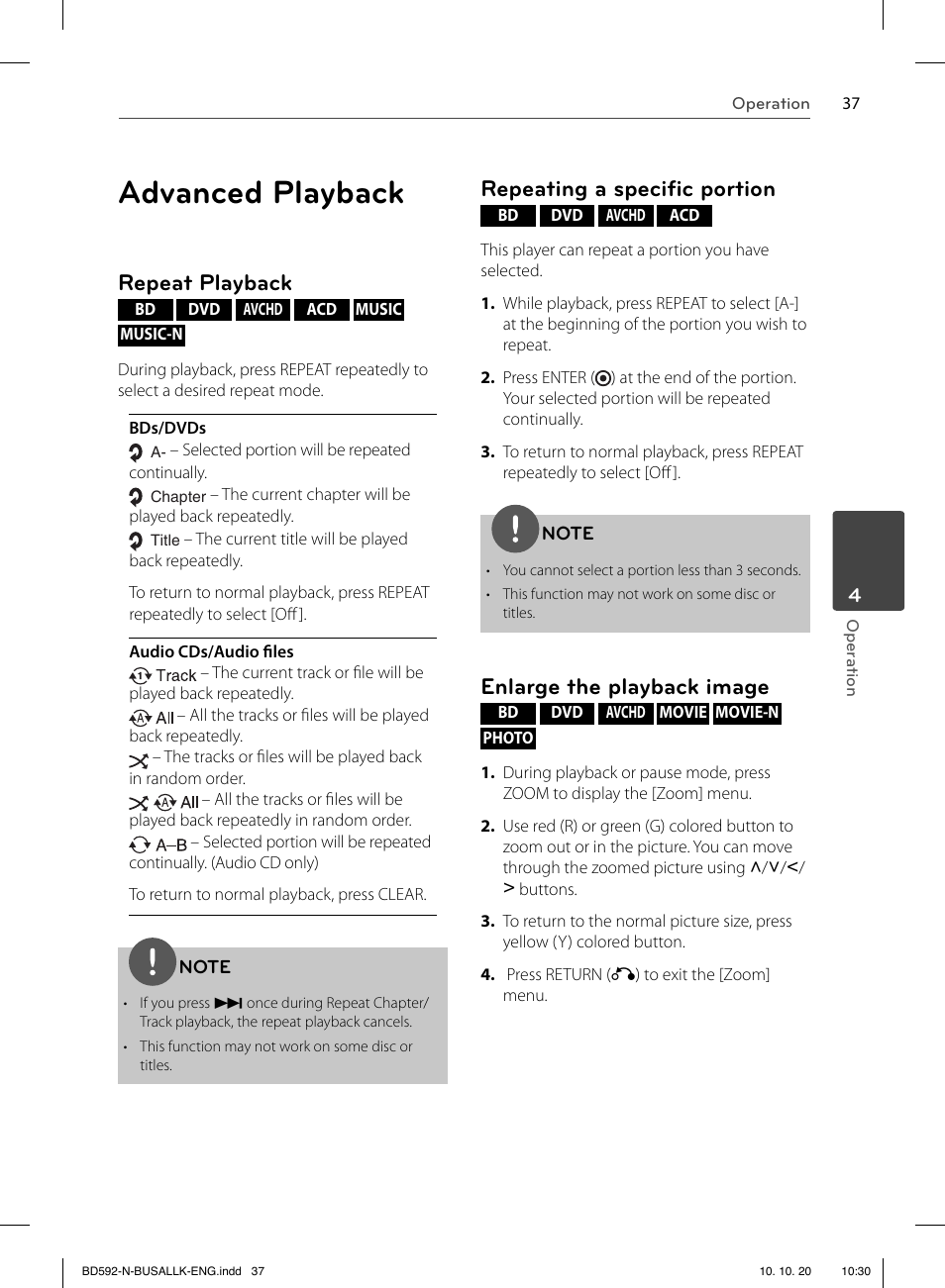Advanced playback, Repeat playback, Repeating a speciﬁ c portion | Enlarge the playback image | LG BD590 User Manual | Page 37 / 112