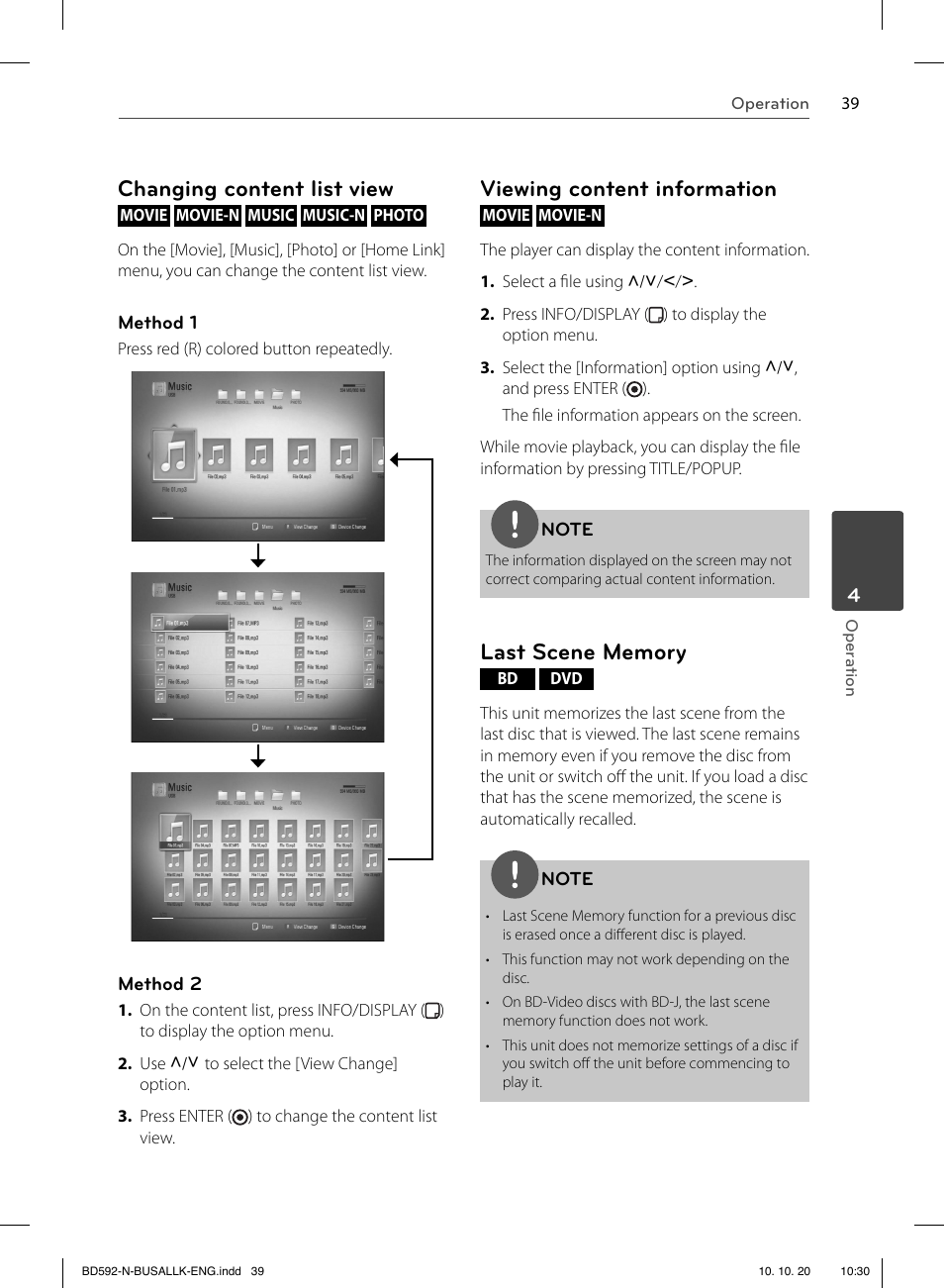 Changing content list view, Viewing content information | LG BD590 User Manual | Page 39 / 112
