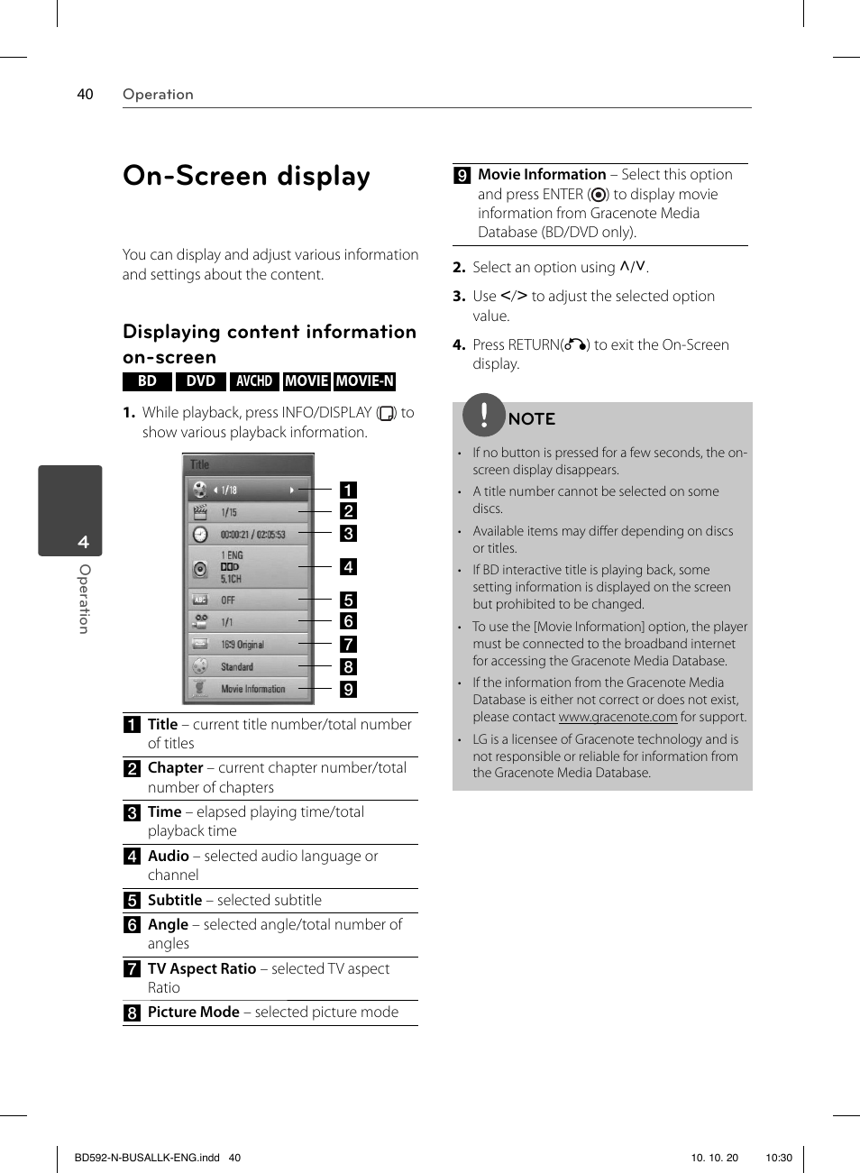 On-screen display, Displaying content information on-screen | LG BD590 User Manual | Page 40 / 112