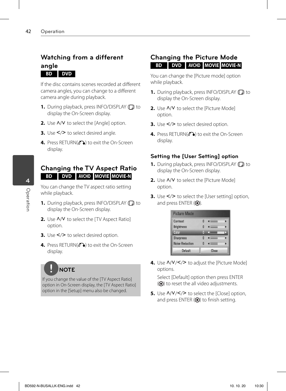 Watching from a different angle, Changing the tv aspect ratio, Changing the picture mode | LG BD590 User Manual | Page 42 / 112