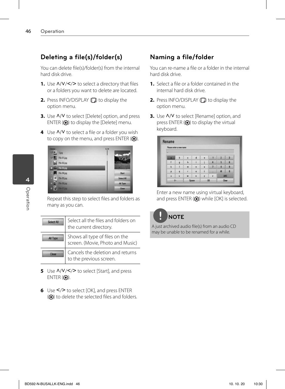 Deleting a ﬁ le(s)/folder(s), Naming a ﬁ le/folder | LG BD590 User Manual | Page 46 / 112