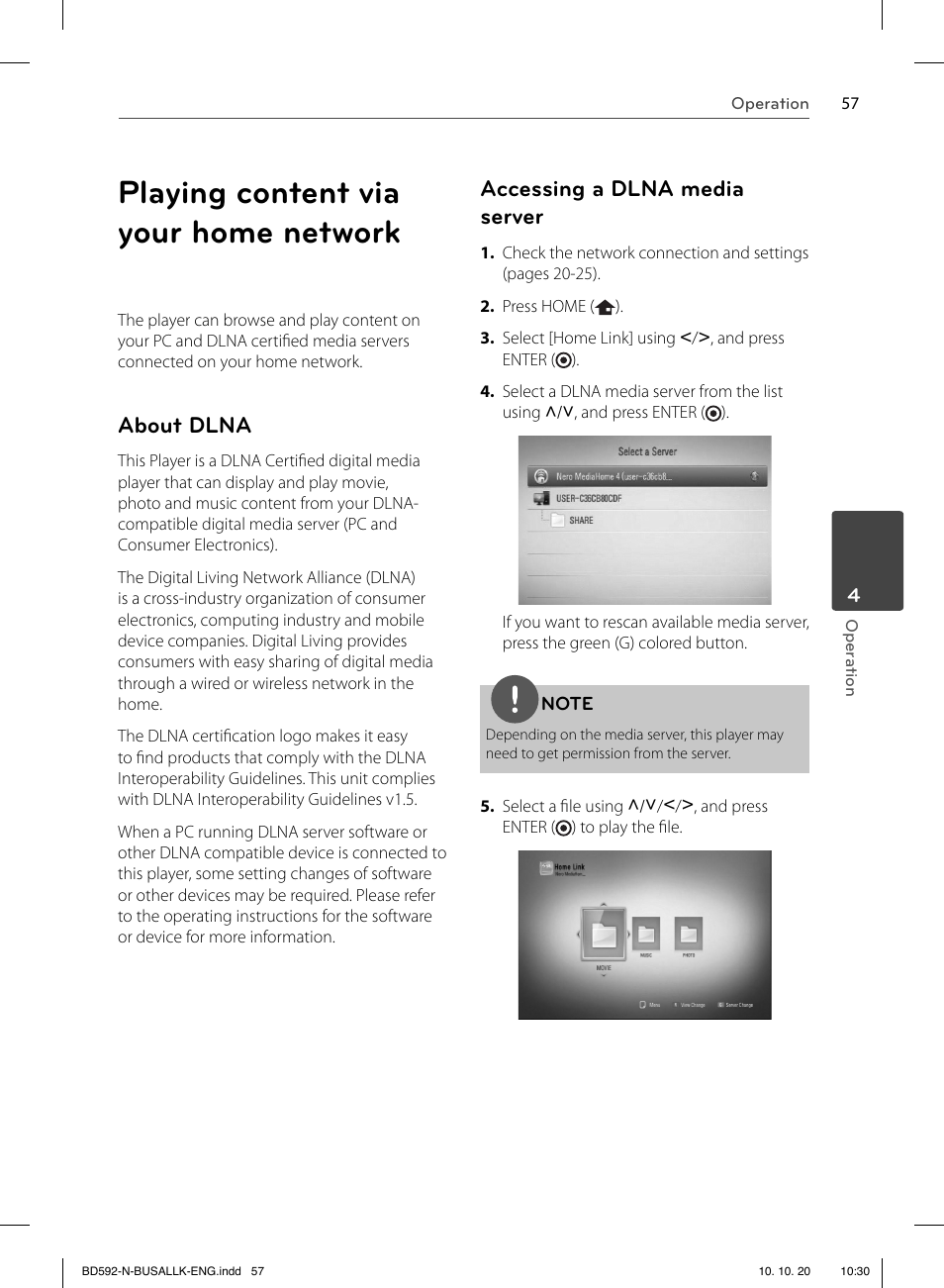 Playing content via your home network, About dlna, Accessing a dlna media server | LG BD590 User Manual | Page 57 / 112