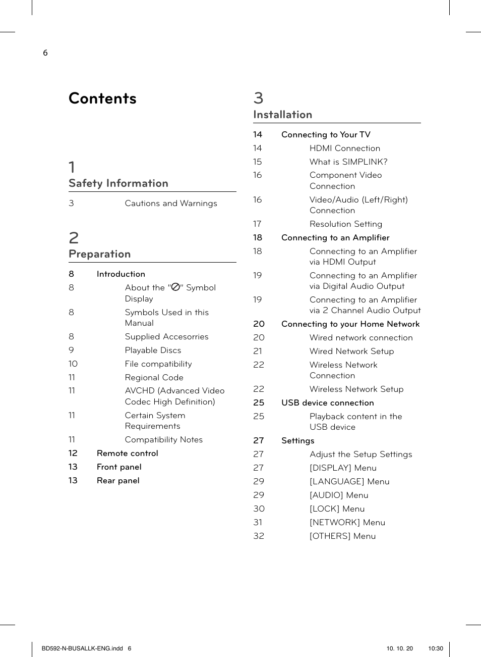 Contents 1, Safety information, Preparation | Installation | LG BD590 User Manual | Page 6 / 112