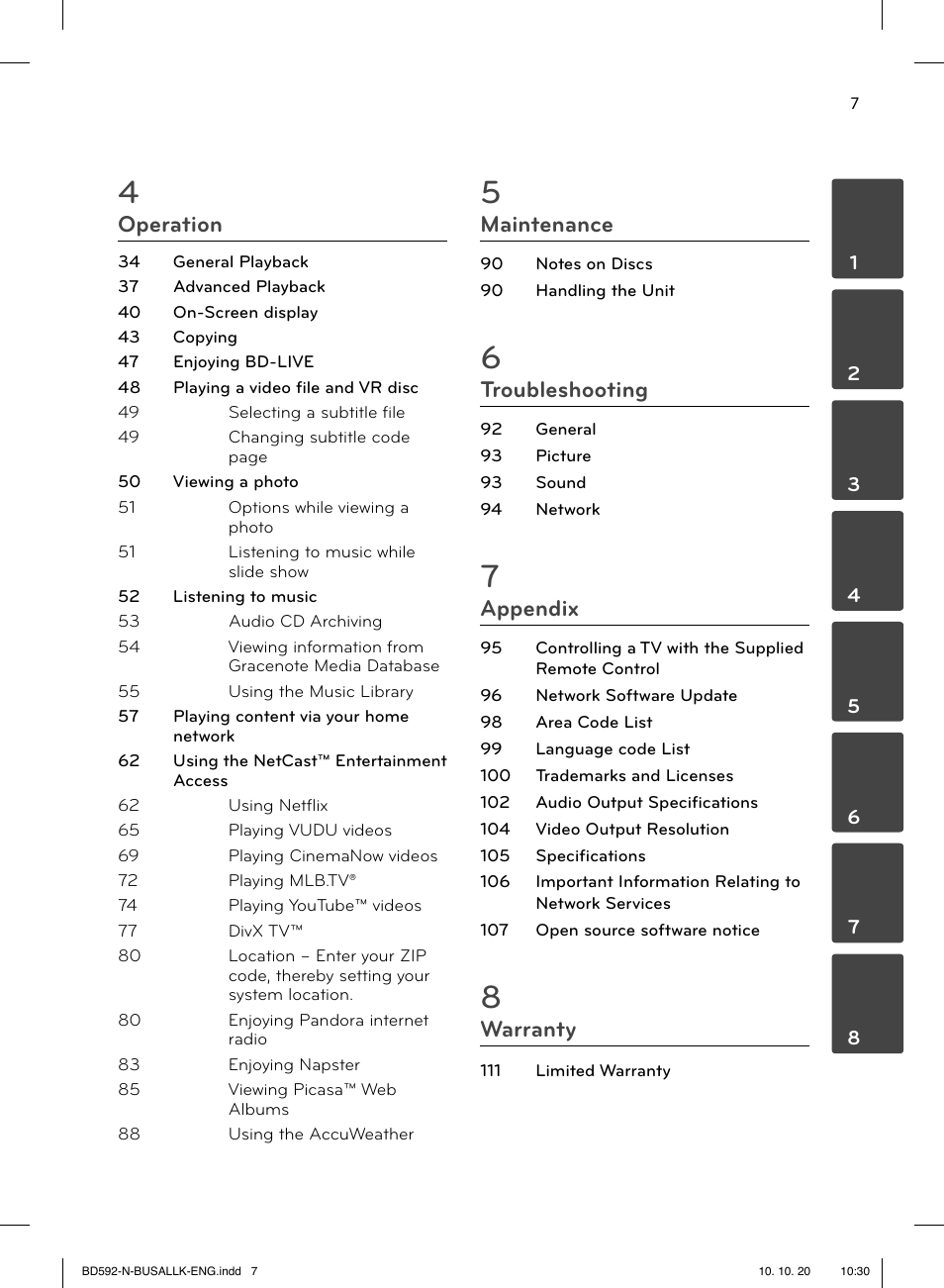 Operation, Maintenance, Troubleshooting | Appendix, Warranty | LG BD590 User Manual | Page 7 / 112