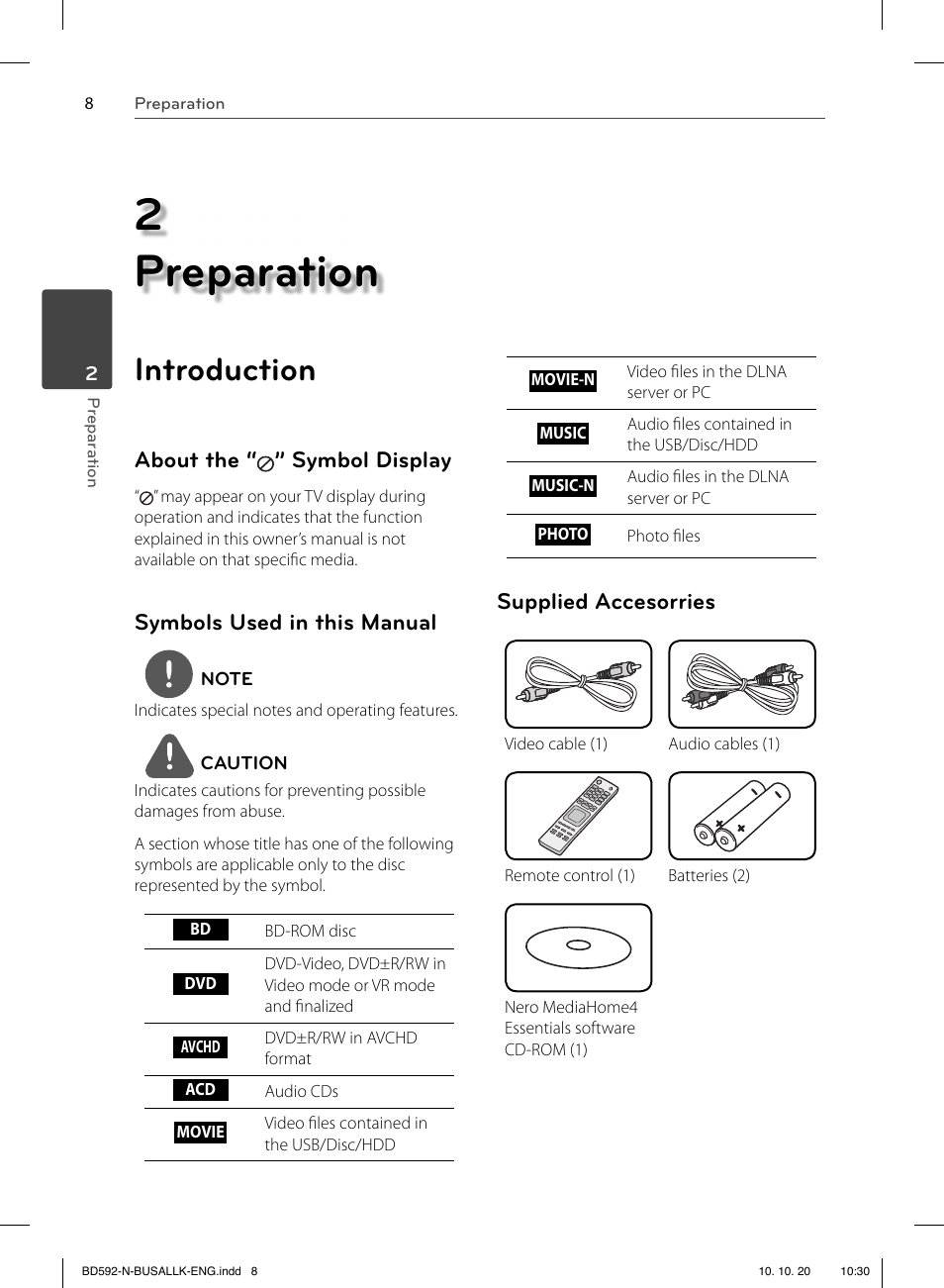 2 preparation, Introduction, About the “ ” symbol display | Symbols used in this manual, Supplied accesorries | LG BD590 User Manual | Page 8 / 112