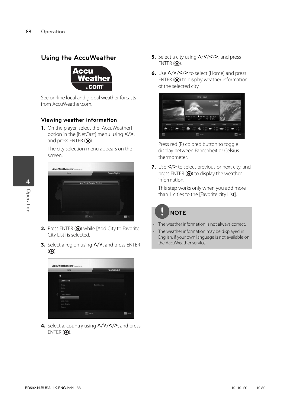 Using the accuweather | LG BD590 User Manual | Page 88 / 112