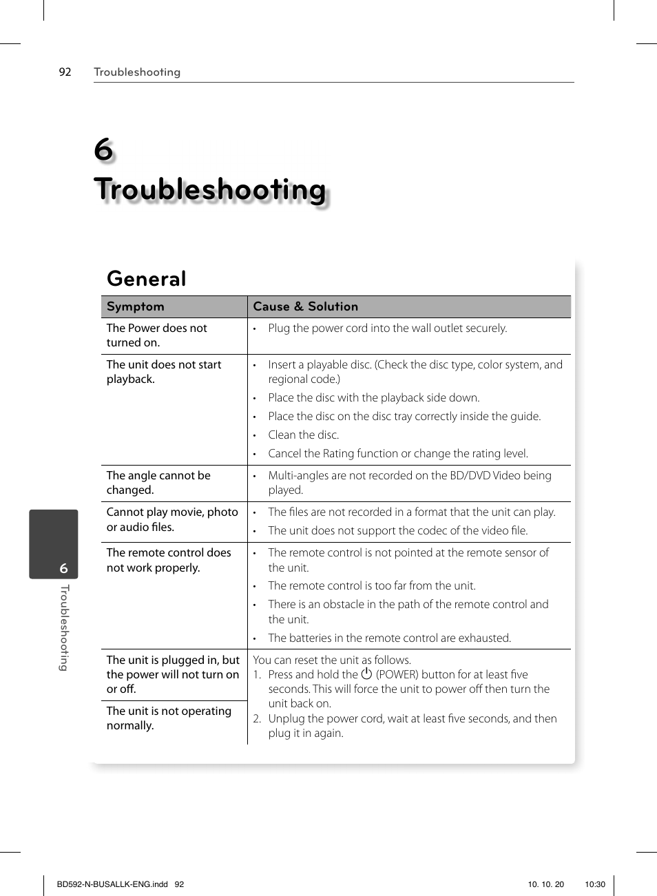 6 troubleshooting, General | LG BD590 User Manual | Page 92 / 112