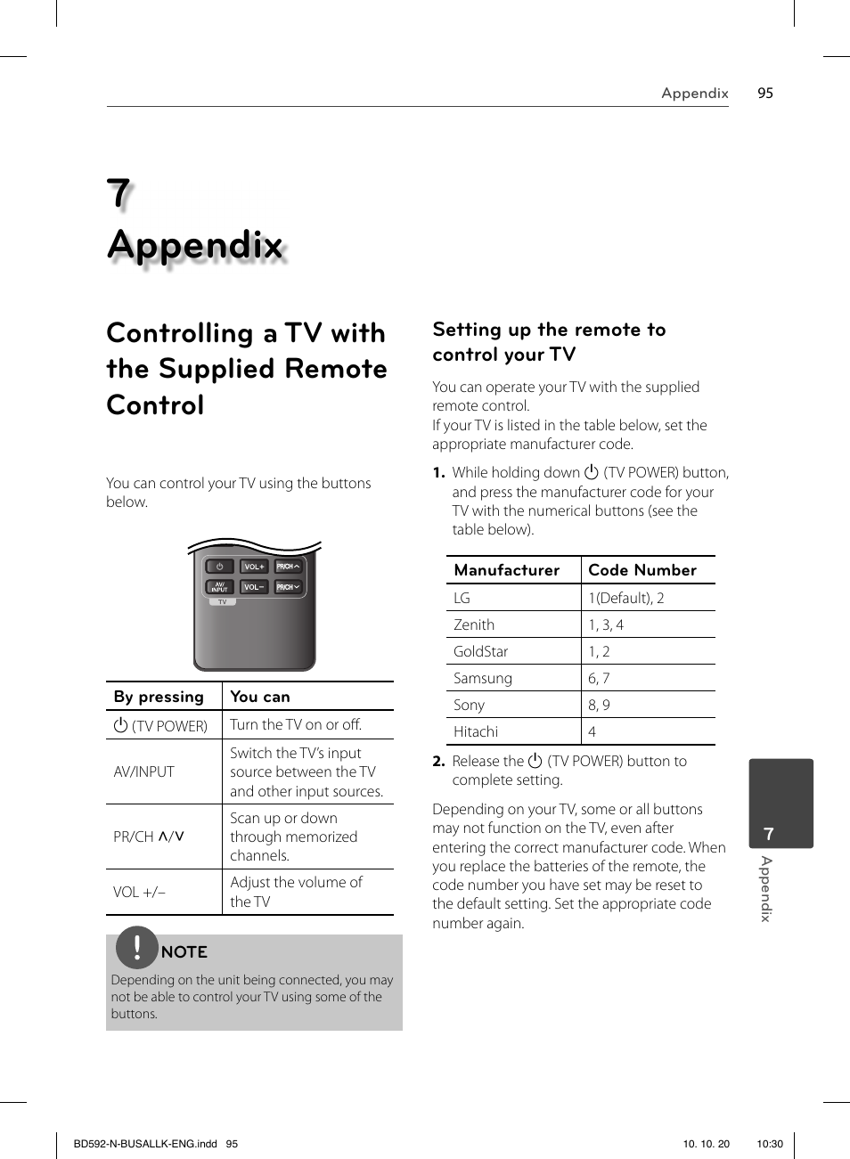 7 appendix, Controlling a tv with the supplied remote control, Setting up the remote to control your tv | LG BD590 User Manual | Page 95 / 112