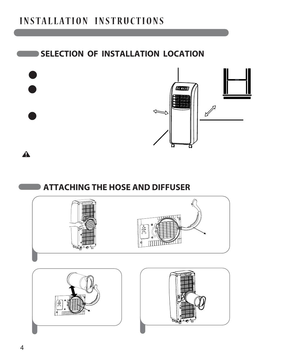 Selection of installation location, Attaching the hose and diffuser | LG LP0813WNR User Manual | Page 14 / 26