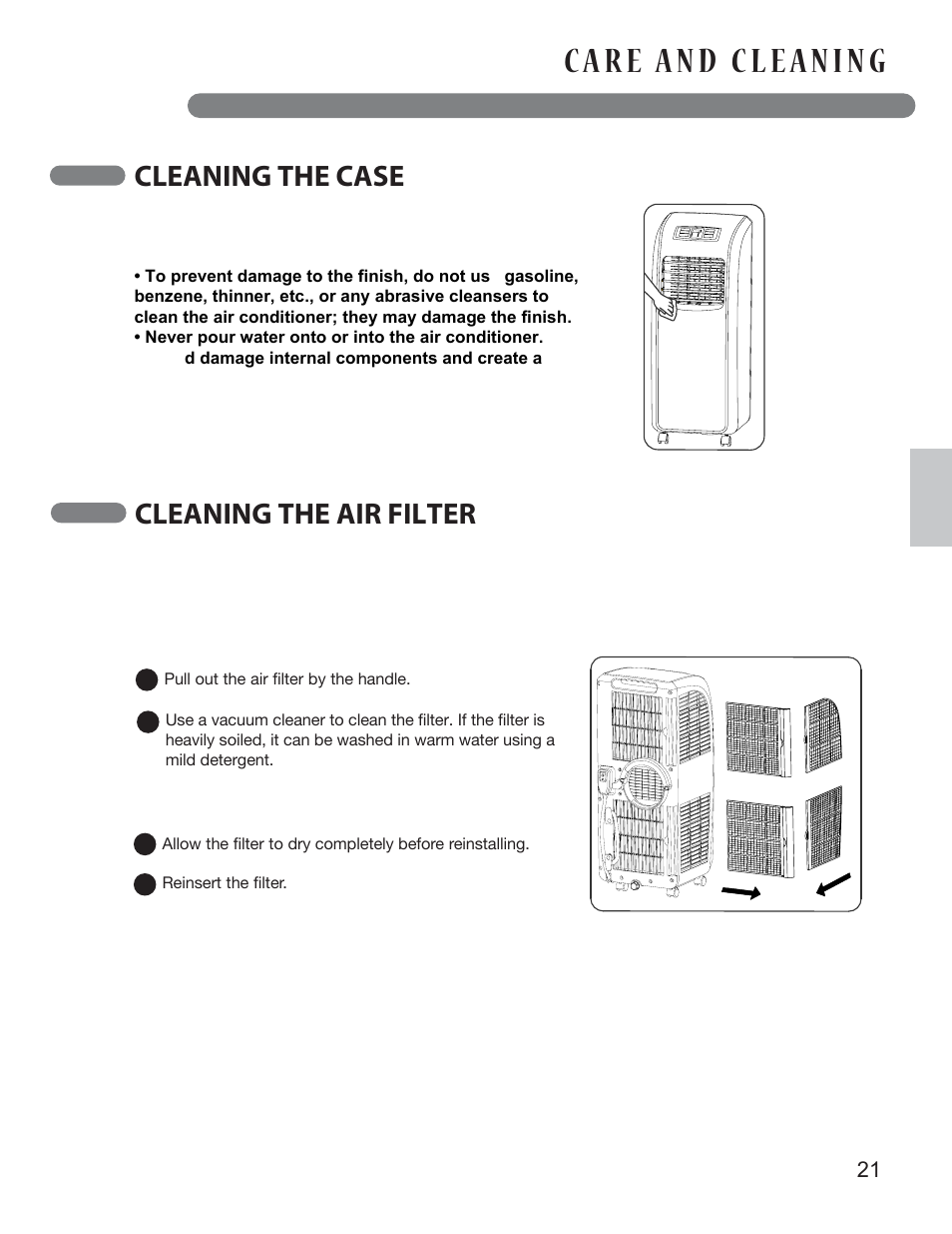 Cleaning the case, Cleaning the air filter | LG LP0813WNR User Manual | Page 21 / 26