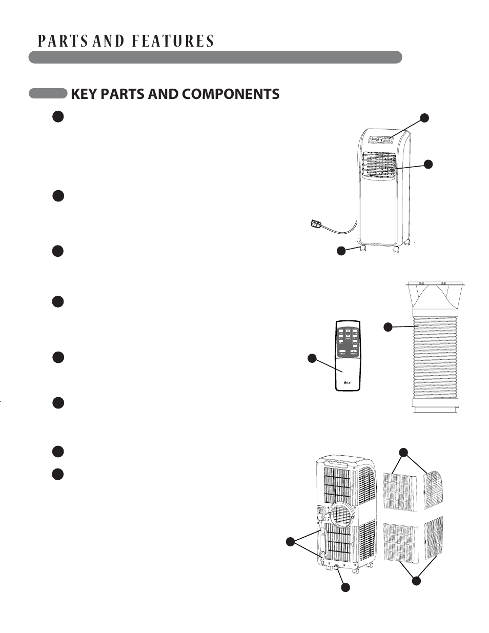 Key parts and components, Swiveling casters infrared remote controller, Power supply cord holder | Air discharge hose, And diffuser, Control panel and display, Bottom drain port, Air filter | LG LP0813WNR User Manual | Page 8 / 26