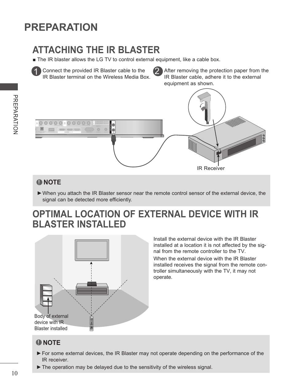 Attaching the ir blaster, Preparation, Pr ep ar at io n | LG AN-WL100W User Manual | Page 10 / 25