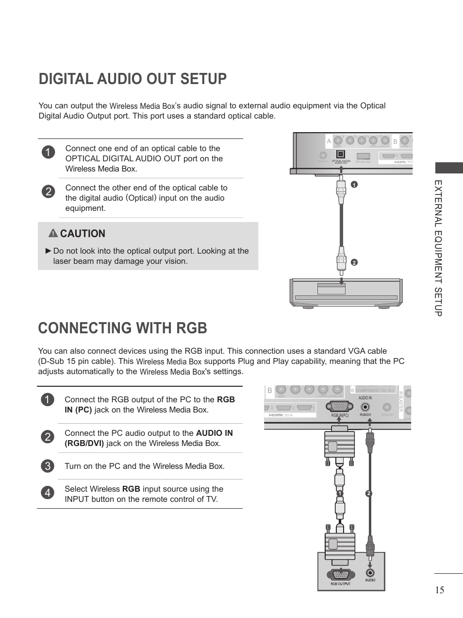 Digita l audio out setup, Conecting with rgb, Digital audio out setup | Connecting with rgb, Caution, Turn on the pc and the wireless media box | LG AN-WL100W User Manual | Page 15 / 25