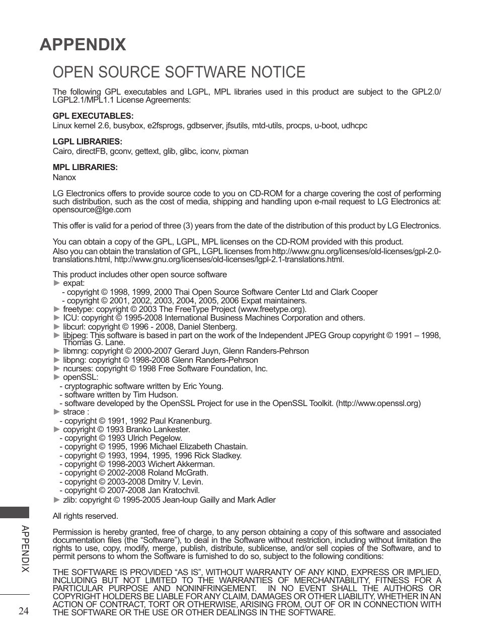 Open source software notice, Appendix | LG AN-WL100W User Manual | Page 24 / 25