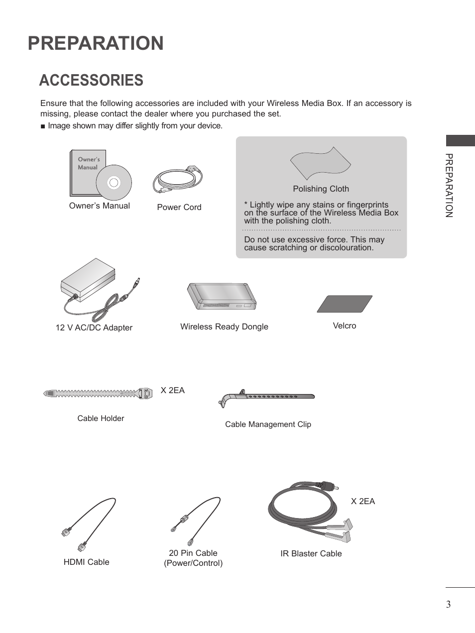 Preparation, Accesories, Accessories | LG AN-WL100W User Manual | Page 3 / 25