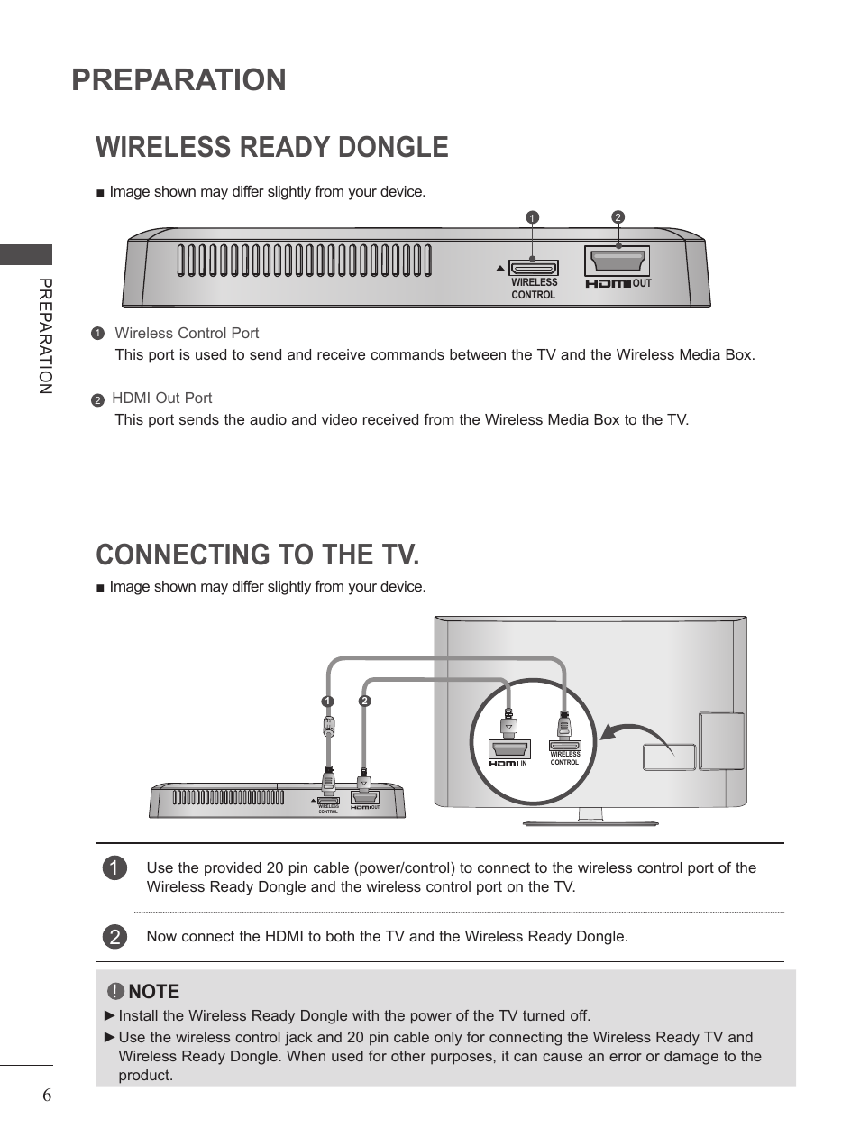 Wireles ready dongle, Conecting to the tv, Preparation | Wireless ready dongle, Connecting to the tv | LG AN-WL100W User Manual | Page 6 / 25